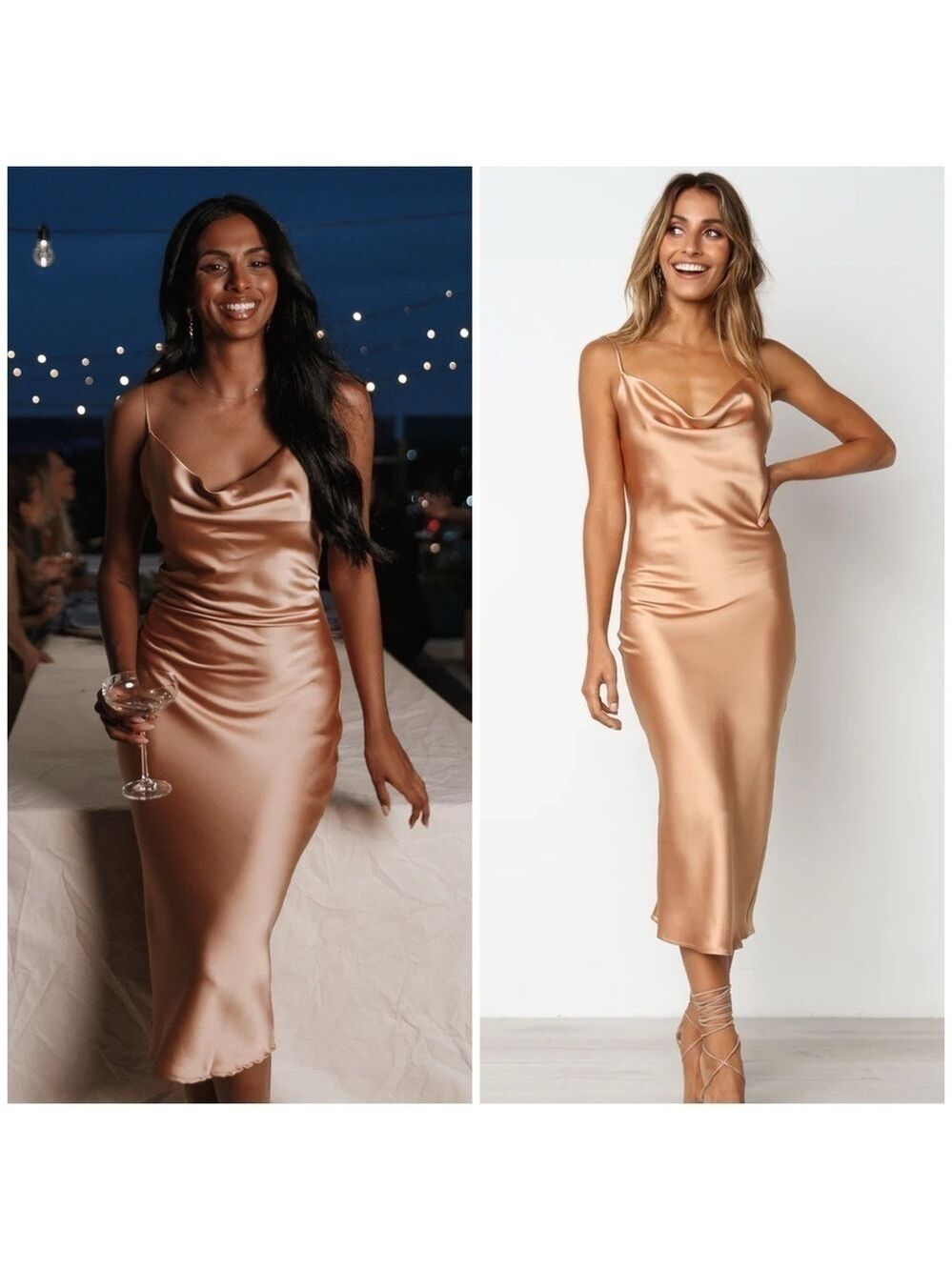 Petal + Pup Persia Cowl Neck Satin Midi Dress in Gold